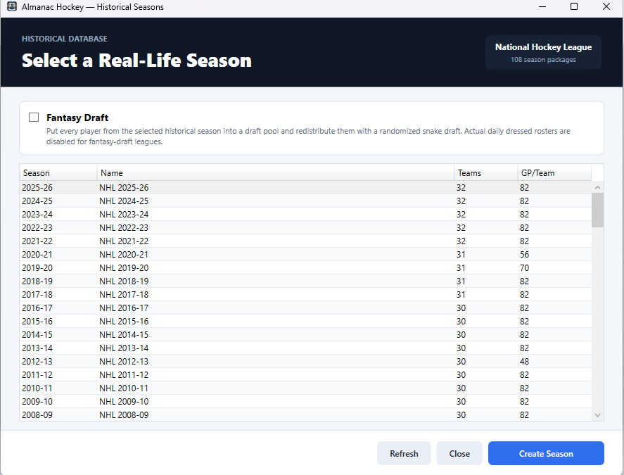 Almanac Hockey historical season selector